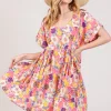 Floral Short Sleeve Babydoll Dress with Pockets - Multi