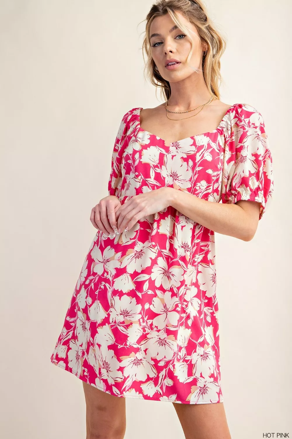 Floral-Short-Sleeve-Mini-Dress-Hot-Pink-2
