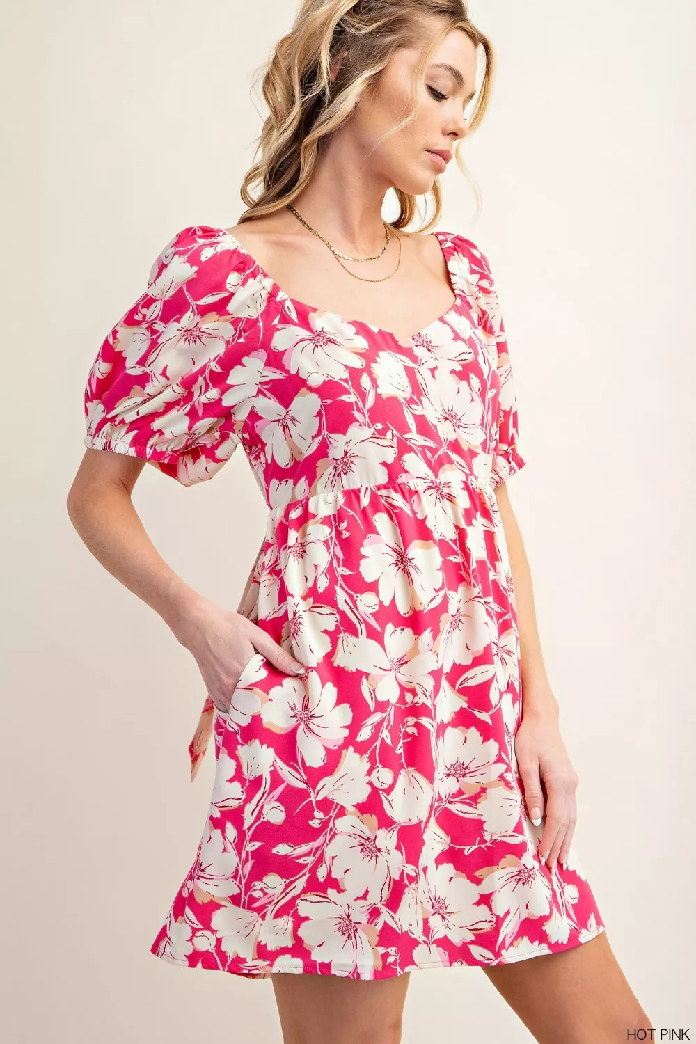 Floral Short Sleeve Mini Dress - Hot Pink