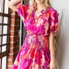 Floral Short Sleeve Smocked Mini Dress - Fuchsia Multi