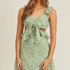Floral Side Cutout Ruffled Mini Dress - Sage
