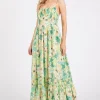 Floral Smocked Back Ruffled Hem Maxi Cami Dress - Apple Green