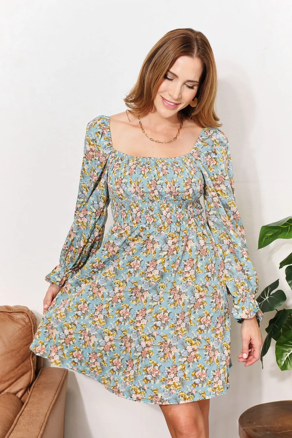 Floral Smocked Flounce Sleeve Square Neck Dress - Floral