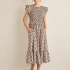 Floral Smocked Ruffled Midi Dress - Black/Peach