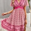 Floral Smocked Waist Short Sleeve Mini Dress - Hot Pink