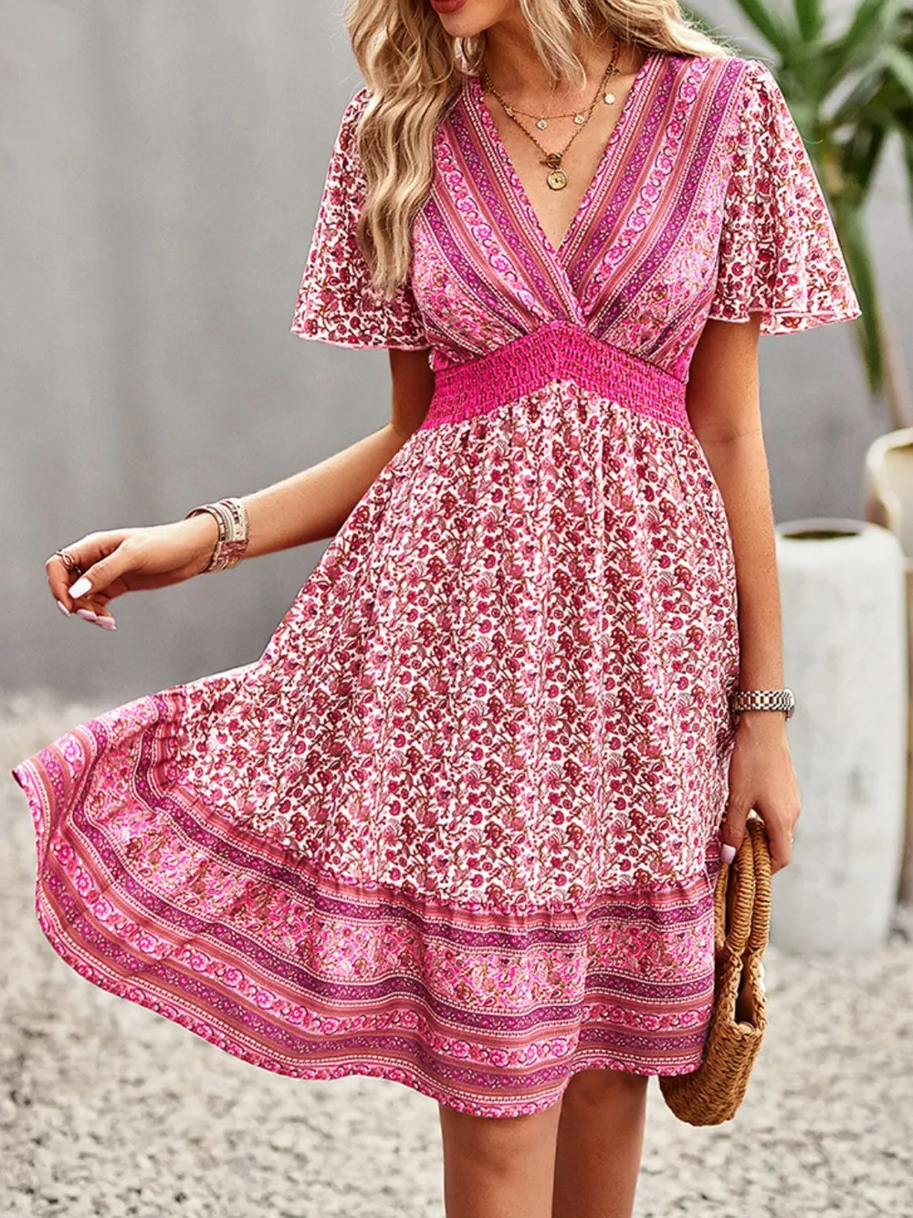 Floral Smocked Waist Short Sleeve Mini Dress - Hot Pink