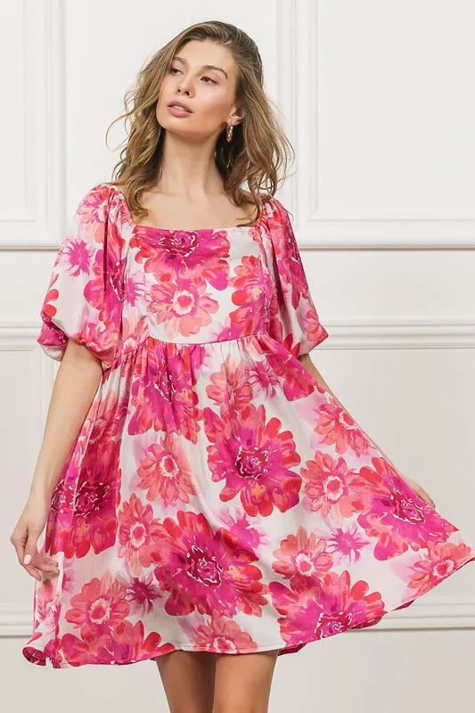 Floral-Square-Neck-Puff-Sleeve-Mini-Dress-Hot-Pink-2