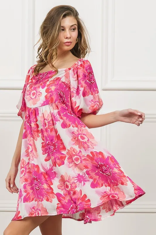 Floral-Square-Neck-Puff-Sleeve-Mini-Dress-Hot-Pink-3