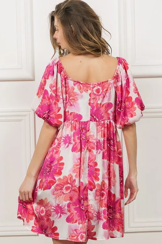Floral-Square-Neck-Puff-Sleeve-Mini-Dress-Hot-Pink-4