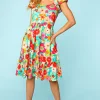 Floral Square Neck Short Sleeve Dress - Fuchsia/Mint
