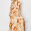 Floral Tie Back Short Sleeve Slit Maxi Dress - Orange