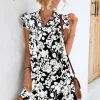 Floral Tie Neck Butterfly Sleeve Dress - Black
