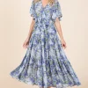 Floral Tie Waist Flutter Sleeve Tiered Dress - Dusty Blue