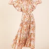 Floral Tie Waist Flutter Sleeve Tiered Dress - Tangerine