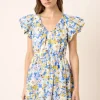 Floral V-Neck Cap Sleeve Mini Dress - Blue