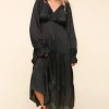 Flounce Sleeve Tiered Midi Dress with Pockets - Black