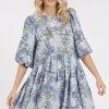 Flower Print Linen Blend Babydoll Mini Dress - Blue