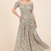 Flower Print Puff Sleeve Gathered Maxi Dress - Light Blue