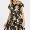 Flower Print Round Neck Flutter Sleeve Tiered Dress - Black