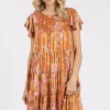 Flower Print Round Neck Flutter Sleeve Tiered Dress - Caramel
