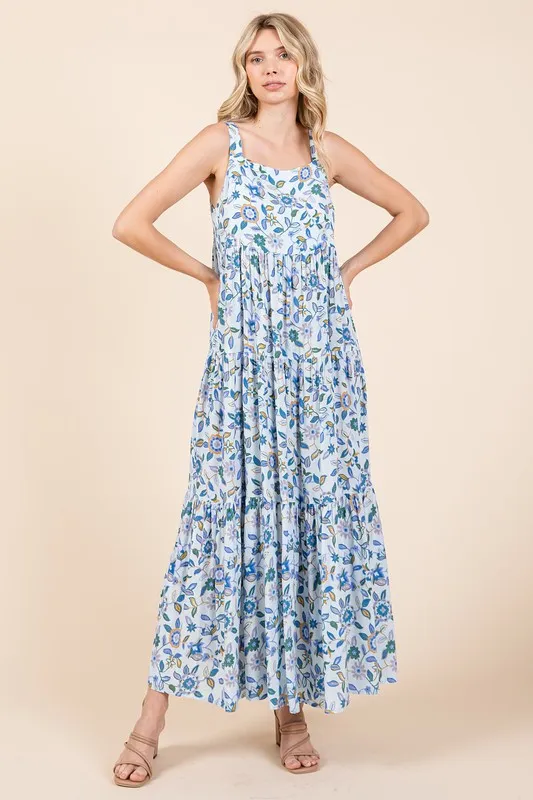 Flower-Print-Tiered-Sleeveless-Empire-Maxi-Dress-Sky-Blue Flower Print Tiered Sleeveless Empire Maxi Dress - Sky Blue