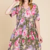 Flower Print V-Neck Ruched Dress - Floral