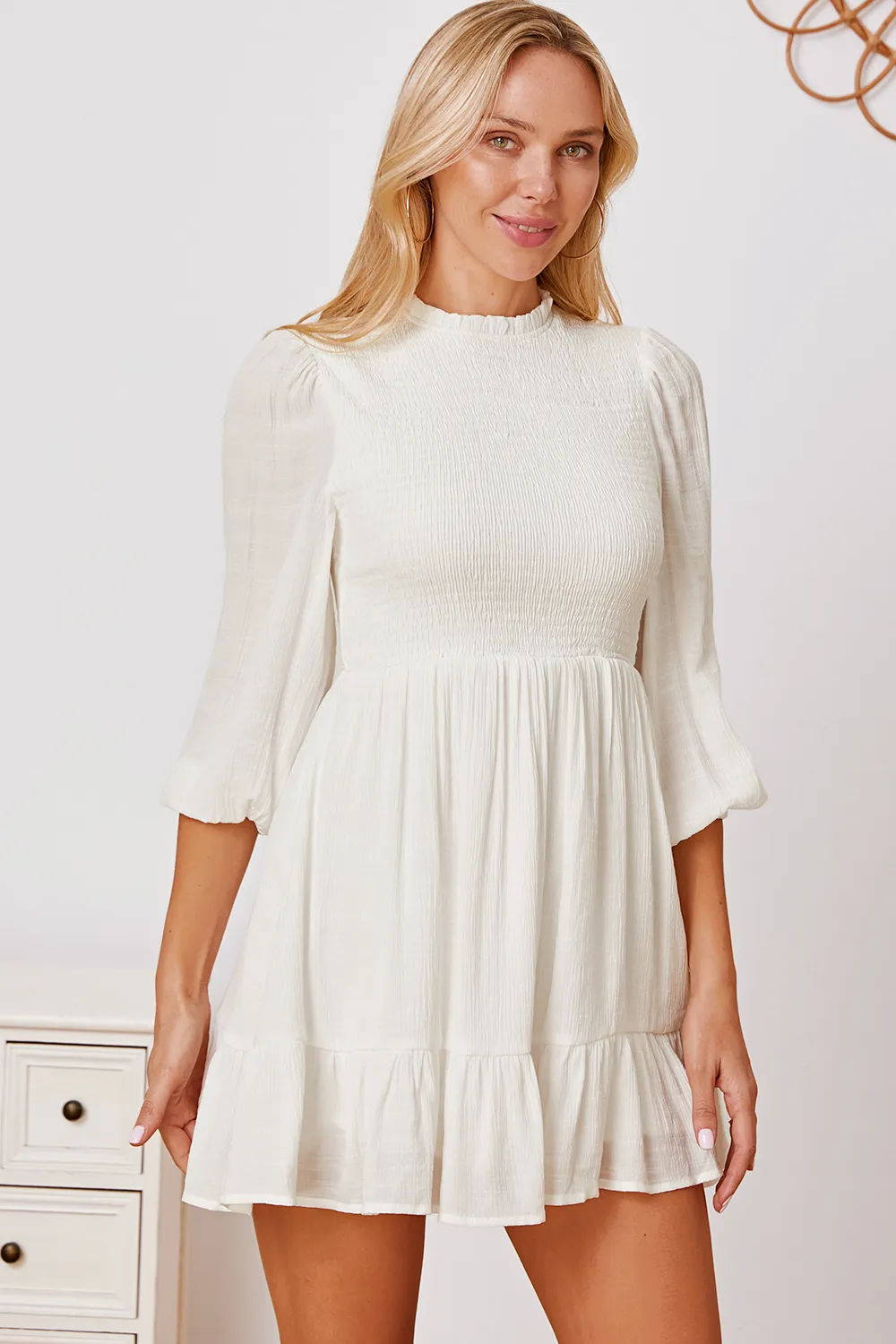 Frill Balloon Sleeve Ruffle Hem Mini Dress - White