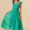 Frill Mesh Tiered Midi Dress - Turquoise