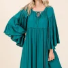 Frill Tie Neck Bell Sleeve Dress - Teal Green