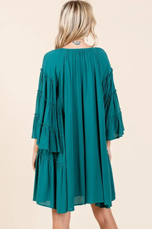 Frill-Tie-Neck-Bell-Sleeve-Dress-Teal-Green-2