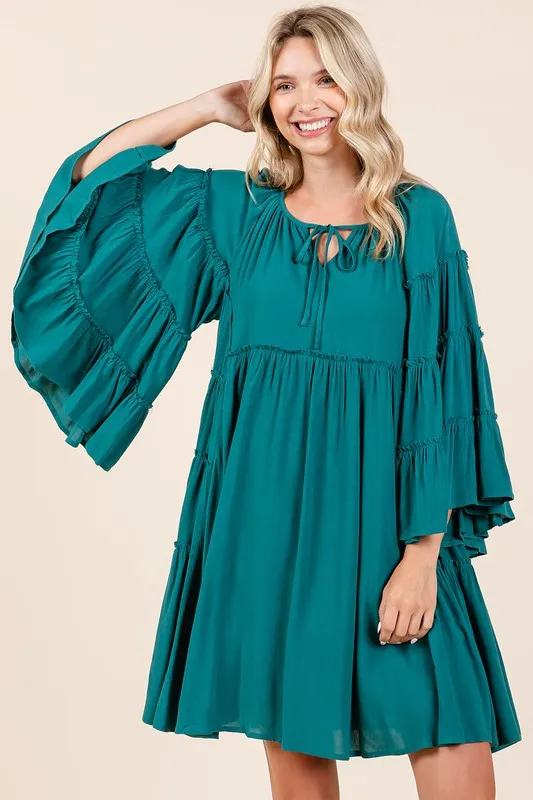 Frill-Tie-Neck-Bell-Sleeve-Dress-Teal-Green-3