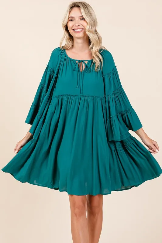 Frill-Tie-Neck-Bell-Sleeve-Dress-Teal-Green-4