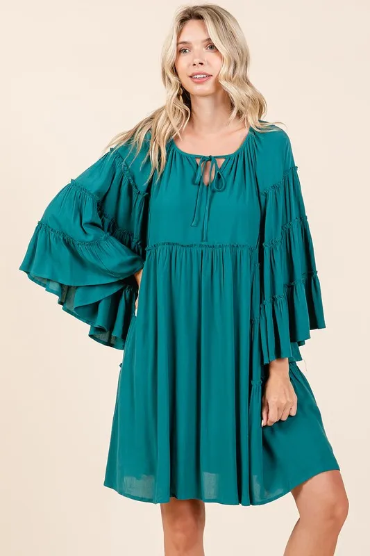Frill-Tie-Neck-Bell-Sleeve-Dress-Teal-Green Frill Tie Neck Bell Sleeve Dress - Teal Green