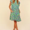 Frilled Mock Neck Ditsy Floral Dress - Aqua