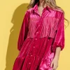 Fringe Detailed Velvet Shirt Dress - Magenta