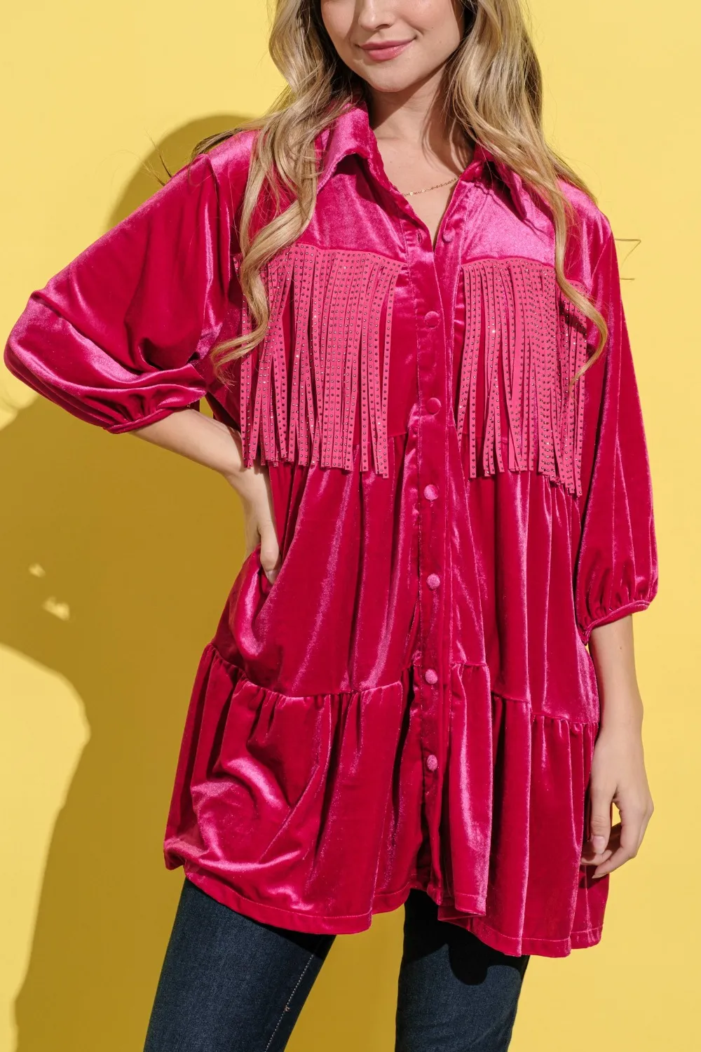 Fringe-Detailed-Velvet-Shirt-Dress-Magenta-4