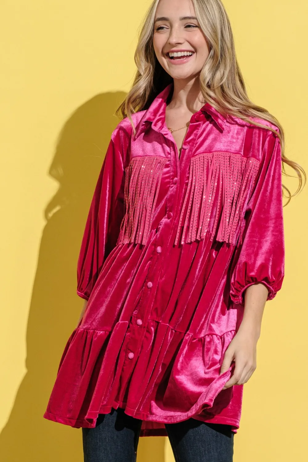 Fringe-Detailed-Velvet-Shirt-Dress-Magenta Fringe Detailed Velvet Shirt Dress - Magenta