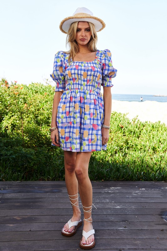 Fruits Printed Smocking Mini Dress - Lilac