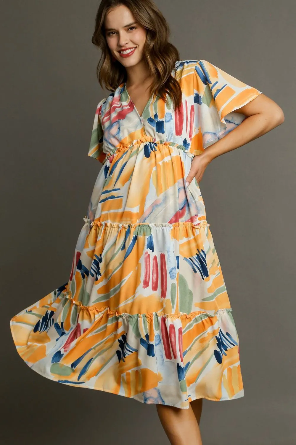 Full Size Abstract Print Flutter Sleeve Frill Tiered Midi Dress Plus Size - Tangerinemix