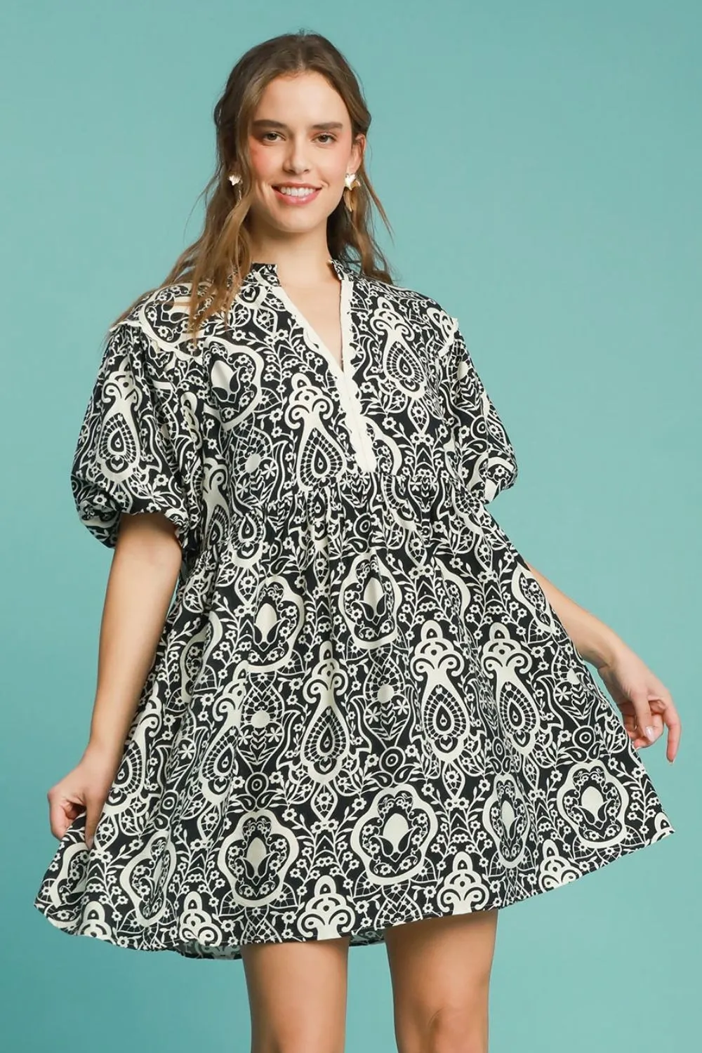 Full Size Abstract Print Puff Sleeve Dress Plus Size - Black