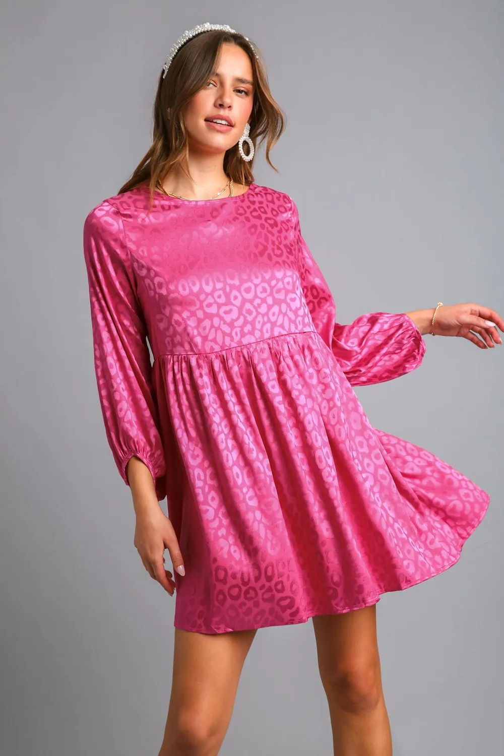 Full Size Animal Jacquard Print Long Sleeve Dress Plus Size - Hot Pink