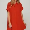Full Size Button Down Short Sleeve Woven Shirt Dress Plus Size - Deep Red