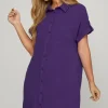 Full Size Button Down Short Sleeve Woven Shirt Dress Plus Size - Violet