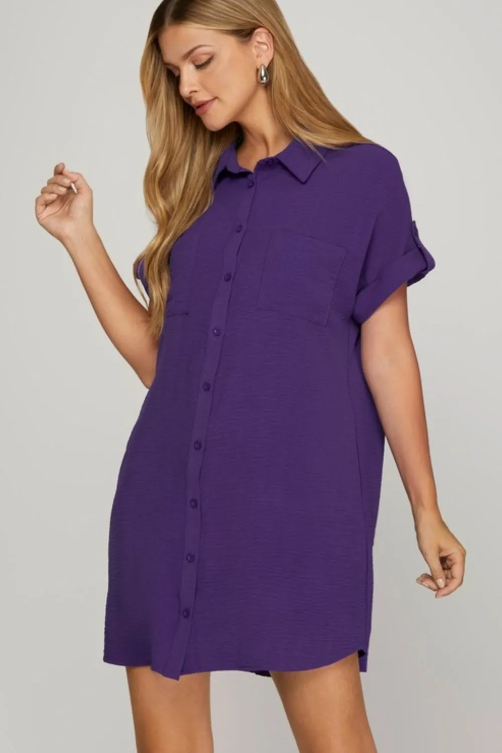 Full Size Button Down Short Sleeve Woven Shirt Dress Plus Size - Violet