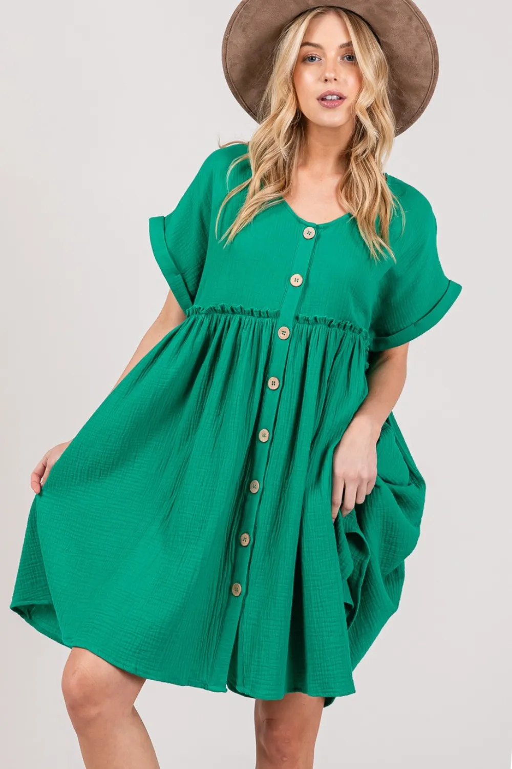 Full Size Button Up Short Sleeve Dress - Kelly Green