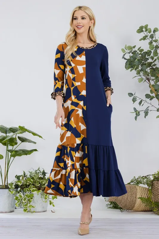 Full Size Color Block Midi Dress Plus Size - Navy