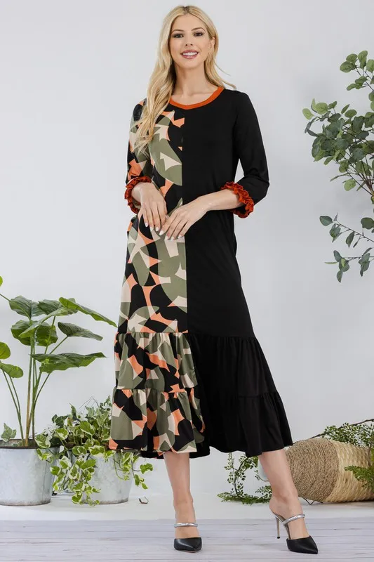 Full Size Color Block Midi Dress Plus Size -  Olive