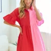 Full Size Color Blocked Button Down Babydoll Dress - Red/Pink