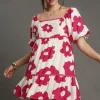 Full Size Contrast Floral Short Sleeve Mini Dress Plus Size - Deep Rose