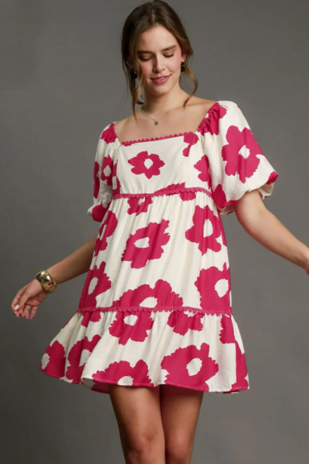 Full Size Contrast Floral Short Sleeve Mini Dress Plus Size - Deep Rose